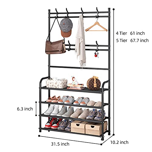 WEECRON Entryway Shoe Rack 4 Tier Shoe Shelf Storage Organizer with Hooks for Bedroom Closet, Black