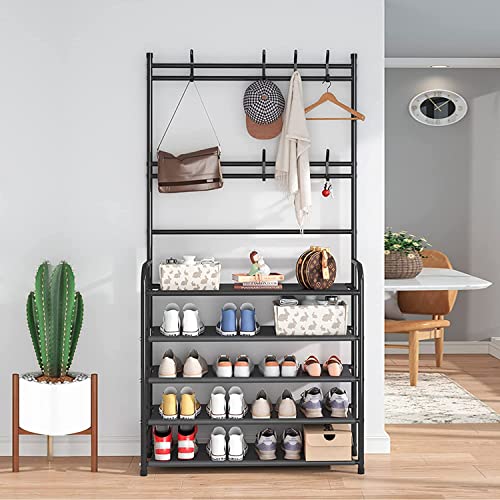 WEECRON Entryway Shoe Rack 4 Tier Shoe Shelf Storage Organizer with Hooks for Bedroom Closet, Black