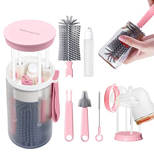 MeryStar Travel Bottle Cleaner Kit, Baby Bottle Brush Set with Silicone, Bottle Cleaner Brush and Drying Rack for Travel and Family Visits, Gift for New Moms (Pink)