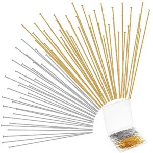 500 pieces flat head pins for jewelry making 2 inch straight head pins metal end headpins diy head pin findings with plastic box for craft earring bracelet necklace pendant supplies (gold, silver)