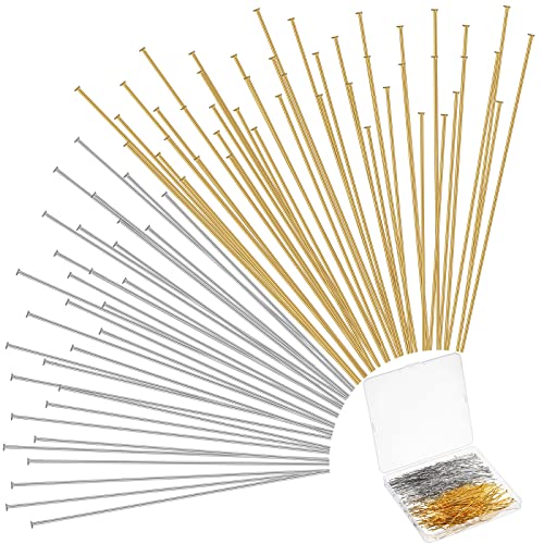 500 Pieces Flat Head Pins for Jewelry Making 2 Inch Straight Head Pins Metal End Headpins DIY Head Pin Findings with Plastic Box for Craft Earring Bracelet Necklace Pendant Supplies (Gold, Silver)