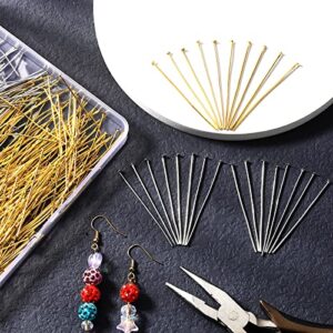 500 Pieces Flat Head Pins for Jewelry Making 2 Inch Straight Head Pins Metal End Headpins DIY Head Pin Findings with Plastic Box for Craft Earring Bracelet Necklace Pendant Supplies (Gold, Silver)