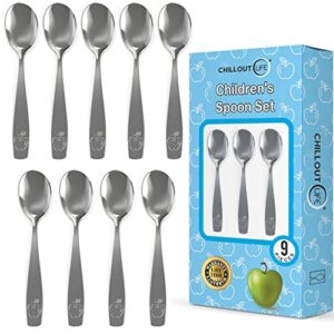 9 piece stainless steel kids spoons - child and toddler safe flatware - kids utensil set - metal kids cutlery set, dinner spoon set, small spoons for dessert - includes a total of 9 small kids spoons
