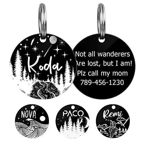 MYXGY Pet ID Tags, Customized Dog Name Tags, Personalized Cat Tags, Round Black Custom Stainless Steel Dog Tags, Engraved on Both Sides for Pets, White Laser Engraving Dog Collar Tag (Round)