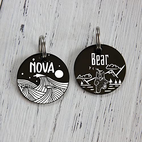 MYXGY Pet ID Tags, Customized Dog Name Tags, Personalized Cat Tags, Round Black Custom Stainless Steel Dog Tags, Engraved on Both Sides for Pets, White Laser Engraving Dog Collar Tag (Round)