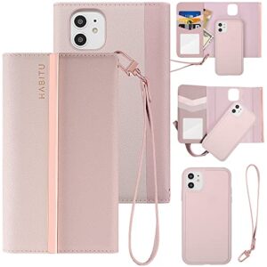 habitu [folio collection 2022 eris tri-fold pink wallet case for iphone xr/11, detachable vegan leather magnetic folio with card pockets, mirror & strap for women, for women