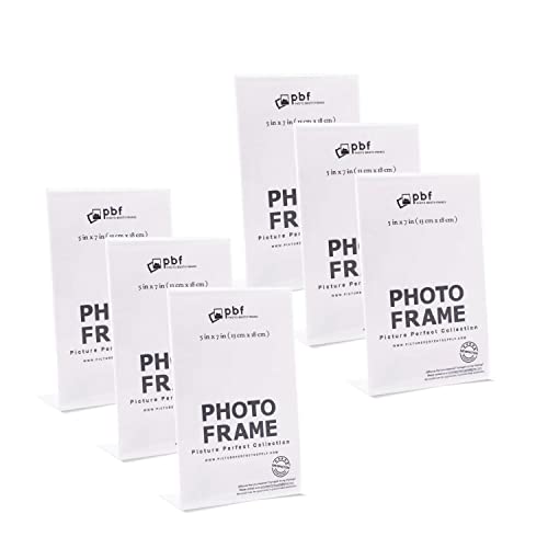 Photo Booth Frames - 5x7 Inch Clear Acrylic Display, Slanted Back Vertical Standing Plastic Picture or Display Sign Holder with Inserts - 6 pack