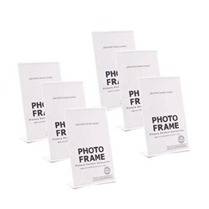 photo booth frames - 4x6 inch clear acrylic plastic display, slanted back vertical standing picture or display sign holder with inserts - 6 pack
