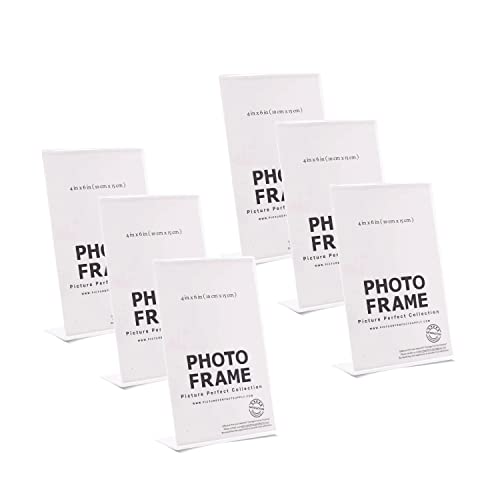 Photo Booth Frames - 4x6 Inch Clear Acrylic Plastic Display, Slanted Back Vertical Standing Picture or Display Sign Holder with Inserts - 6 pack