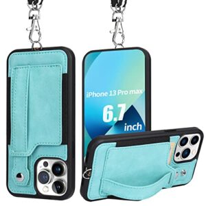 toovren iphone 13 pro max case wallet, compatible with iphone 13 pro max case with card holder kickstand adjustable detachable necklace, iphone lanyard for iphone 13 pro max 6.7 inch 2021 green