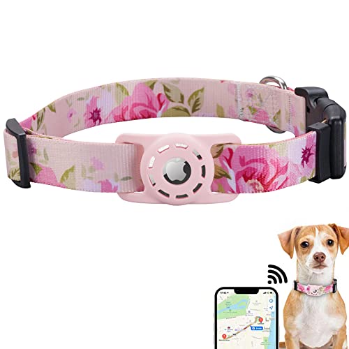 Konity AirTag Dog Collar, Compatible with Apple AirTag 2021, Polyester Pet Cat Puppy Collar with Silicone AirTag Holder for Small, Medium, Large, & Extra Large Dogs, Pink Rose, S: 9.8''-15.7'' Neck