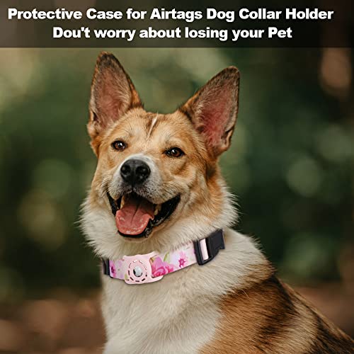 Konity AirTag Dog Collar, Compatible with Apple AirTag 2021, Polyester Pet Cat Puppy Collar with Silicone AirTag Holder for Small, Medium, Large, & Extra Large Dogs, Pink Rose, S: 9.8''-15.7'' Neck