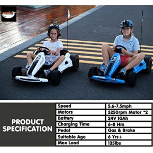 sopbost Electric Go Kart 24V Battery Powered Pedal Go Karts for 6+ Kids Adults Ride on Car Electric Vehicle Car Racing Drift Car for Boys Girls, White