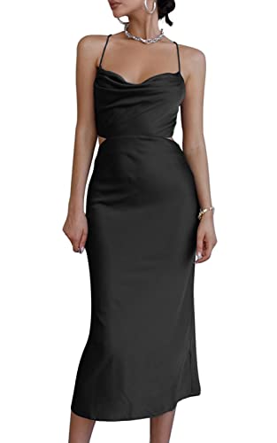 LYANER Women's Satin Cowl Neck Straps Slip Sexy Cut Out Cocktail Midi Dress Black Small