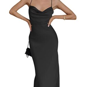 LYANER Women's Satin Cowl Neck Straps Slip Sexy Cut Out Cocktail Midi Dress Black Small