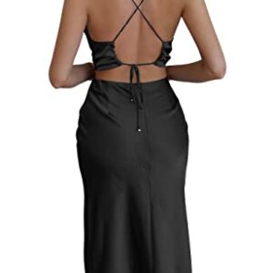 LYANER Women's Satin Cowl Neck Straps Slip Sexy Cut Out Cocktail Midi Dress Black Small