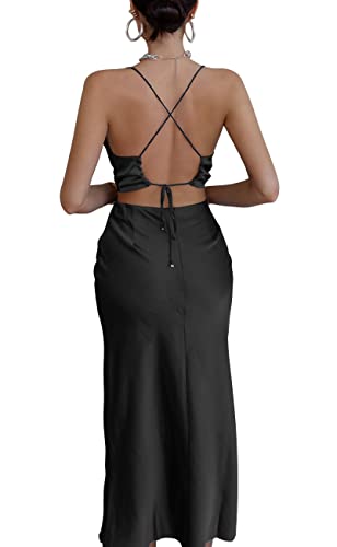 LYANER Women's Satin Cowl Neck Straps Slip Sexy Cut Out Cocktail Midi Dress Black Small