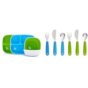 munchkin splash toddler dining set - includes divided plates, bowls and utensils, 10pc set, blue/green