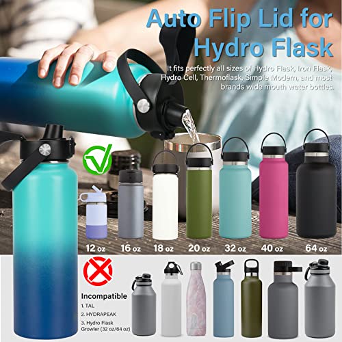 EIPOSAU Auto Flip Lid for Hydro Flask Wide Mouth, Great Spout Lid for Simple Modern, Takeya, Iron Flask and Other Brands, Replacement Lid with Button Lock, Black
