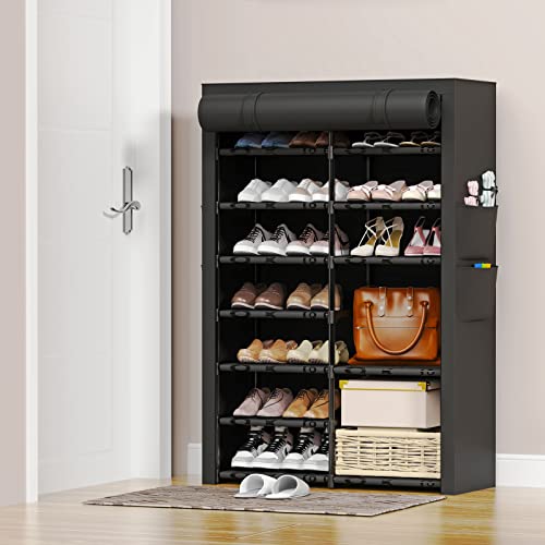 VTRIN Shoe Rack with Covers Shoe and Boot Storage Cabinet 8 Tier 28-35 Pairs Shoe Rack Organizer for Entryway Closet Garage Heavy Duty Free Standing Black Metal Shoe Shelf