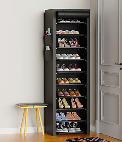 VTRIN Narrow Shoe Rack with Covers 10 Tiers Tall Shoe Rack for Closet Entryway Sturdy Shoe Rack Organizer Holds 20-22 Pairs Free Standing Shoe Storage Cabinet with Dustproof Cover Shoe Shelf