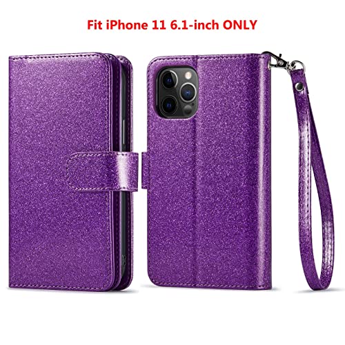 Varikke iPhone 11 Wallet Case for Women - Glitter PU Leather, Card Holders, Magnetic Detachable Phone Case, Kickstand, Strap - Dark Purple