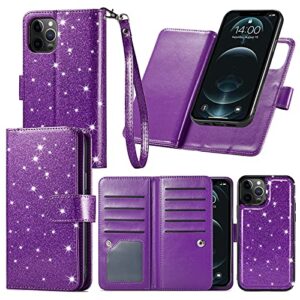 varikke iphone 11 wallet case for women - glitter pu leather, card holders, magnetic detachable phone case, kickstand, strap - dark purple