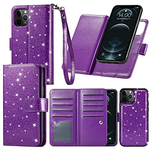 Varikke iPhone 11 Wallet Case for Women - Glitter PU Leather, Card Holders, Magnetic Detachable Phone Case, Kickstand, Strap - Dark Purple