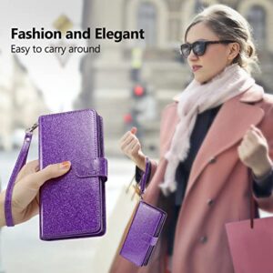 Varikke iPhone 11 Wallet Case for Women - Glitter PU Leather, Card Holders, Magnetic Detachable Phone Case, Kickstand, Strap - Dark Purple