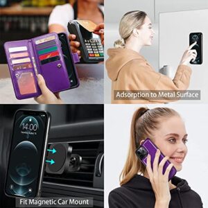 Varikke iPhone 11 Wallet Case for Women - Glitter PU Leather, Card Holders, Magnetic Detachable Phone Case, Kickstand, Strap - Dark Purple