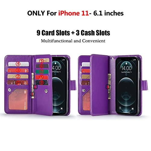 Varikke iPhone 11 Wallet Case for Women - Glitter PU Leather, Card Holders, Magnetic Detachable Phone Case, Kickstand, Strap - Dark Purple