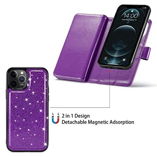 Varikke iPhone 11 Wallet Case for Women - Glitter PU Leather, Card Holders, Magnetic Detachable Phone Case, Kickstand, Strap - Dark Purple