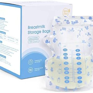 Breastmilk Storage Bags, Breastmilk Cooler Bag, 8 OZ, 100 Count, Spout & Thickened Design, Double Zipper Seal, Fits All adapters, Easy Write-on Label, BPA and BPS-Free