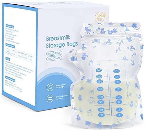 Breastmilk Storage Bags, Breastmilk Cooler Bag, 8 OZ, 100 Count, Spout & Thickened Design, Double Zipper Seal, Fits All adapters, Easy Write-on Label, BPA and BPS-Free