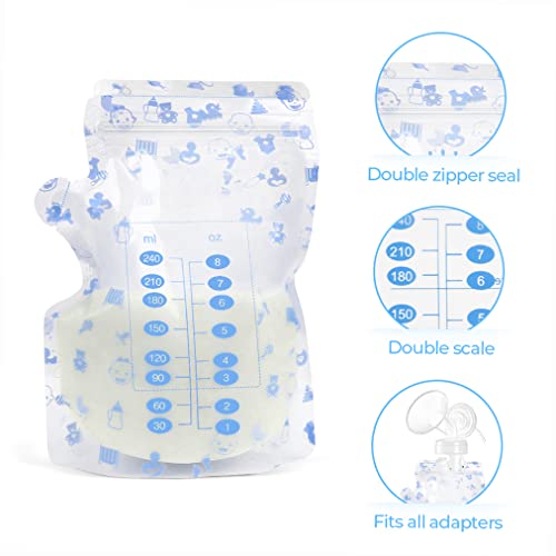 Breastmilk Storage Bags, Breastmilk Cooler Bag, 8 OZ, 100 Count, Spout & Thickened Design, Double Zipper Seal, Fits All adapters, Easy Write-on Label, BPA and BPS-Free