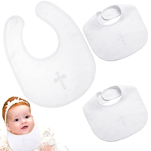 JaGely 3 Pieces White Bibs for Baby Christening Baptism Outfits Bib Infant Baby Blessings for Bib Baby Girl Boys Embroidered Cross Bib