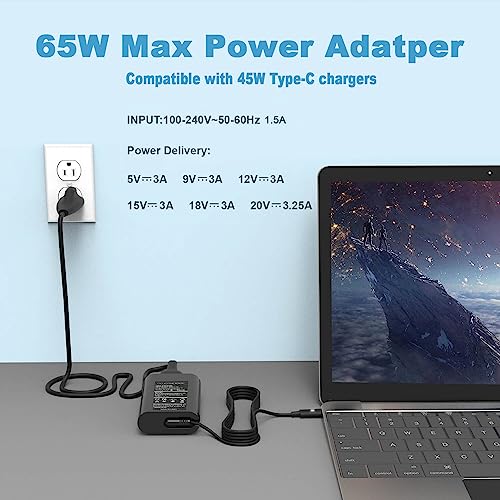 65W 45W USB C Laptop Charger for Dell Latitude 5420 7410 7420 7400 5520 7320 5320 5300 5285 5290 2in1,XPS 13 7390 9350 9380 9370 9360 9300 9305 9310,Chromebook 3100 3380 5190 Type C Power Supply Cord