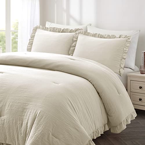Bonlino Home Bed Bedding Comforter Set - 3 Pieces Queen Comforter Set, Farmhouse Bedding Set with Ruffle Bed Comforter & Ruffle Pillows Shams(Queen Size Wheat)