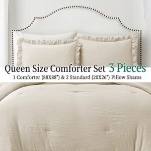 Bonlino Home Bed Bedding Comforter Set - 3 Pieces Queen Comforter Set, Farmhouse Bedding Set with Ruffle Bed Comforter & Ruffle Pillows Shams(Queen Size Wheat)