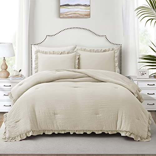 Bonlino Home Bed Bedding Comforter Set - 3 Pieces Queen Comforter Set, Farmhouse Bedding Set with Ruffle Bed Comforter & Ruffle Pillows Shams(Queen Size Wheat)