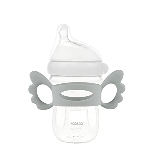 haakaa Gen.3 Glass Baby Bottle Handle - Silicone Baby Bottle Cover | Wide Neck Bottle Grip for 0m+ 6m+Breastfeeding Babies - Grey