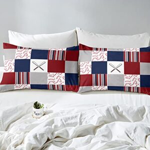 Baseball Printed Duvet Cover Queen for Boys Girls Kids Red Navy Grid Striped Bedding Set Ball Games Comforter Cover Child Modern Sports Style Decor Bedspread Quilt Cover for Kids Dorm Room,Soft,Zipper