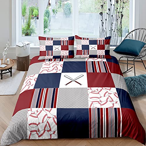 Baseball Printed Duvet Cover Queen for Boys Girls Kids Red Navy Grid Striped Bedding Set Ball Games Comforter Cover Child Modern Sports Style Decor Bedspread Quilt Cover for Kids Dorm Room,Soft,Zipper