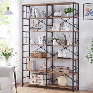 homissue double wide 7-tier bookshelf,industrial bookcases with metal frame,open large storage bookshelves,wood and metal tall display shelves for living room office,rustic brown
