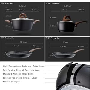 Vkoocy Nonstick Kitchen Cookware Set, Pots and Pans Set Healthy Induction Granite Cooking Set w/Frying Pans, Saucepans, Casserole, Dishwasher Safe, Black (PFOS, PFOA Free)