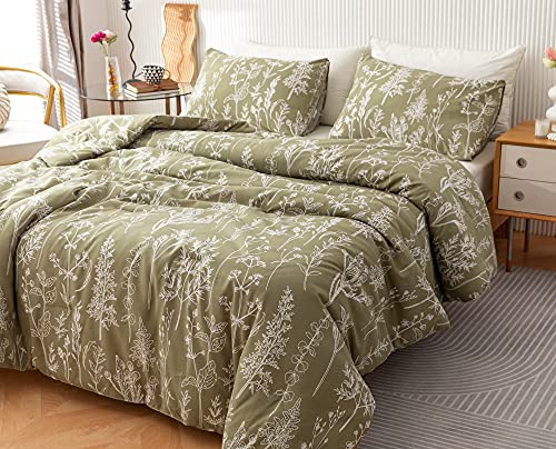 JANZAA 3 Pieces Duvet Covers Queen Size Floral Cover White Botanical Printed on Qlive Geen Soft Bed with Zipper Closure 4 Ties All Season Using(2 Pillow Cases)