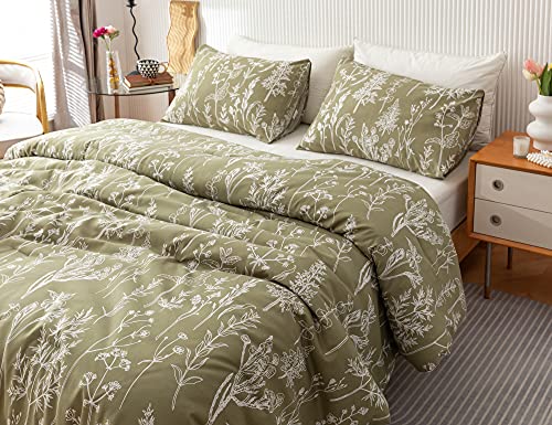 JANZAA 3 Pieces Duvet Covers Queen Size Floral Cover White Botanical Printed on Qlive Geen Soft Bed with Zipper Closure 4 Ties All Season Using(2 Pillow Cases)