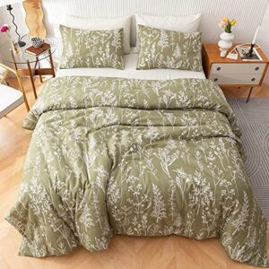 JANZAA 3 Pieces Duvet Covers Queen Size Floral Cover White Botanical Printed on Qlive Geen Soft Bed with Zipper Closure 4 Ties All Season Using(2 Pillow Cases)