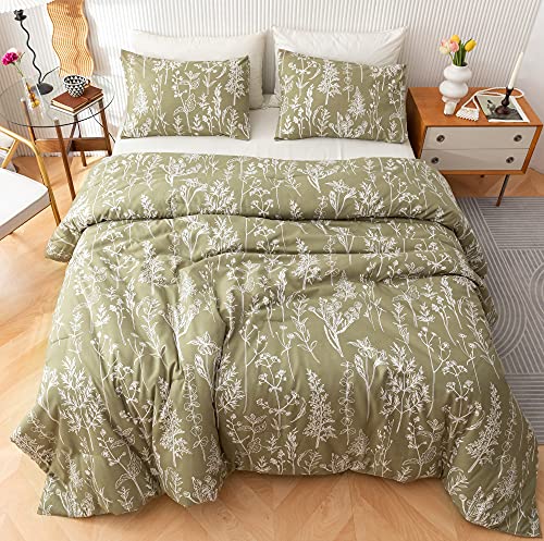 JANZAA 3 Pieces Duvet Covers Queen Size Floral Cover White Botanical Printed on Qlive Geen Soft Bed with Zipper Closure 4 Ties All Season Using(2 Pillow Cases)