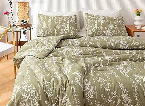 JANZAA 3 Pieces Duvet Covers Queen Size Floral Cover White Botanical Printed on Qlive Geen Soft Bed with Zipper Closure 4 Ties All Season Using(2 Pillow Cases)